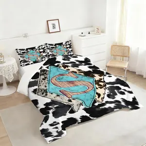 2/3Pcs Rustic Cowhide-Inspired Comforter Set, Large 'S' Design Bedding Set, Distressed Wood Texture with Turquoise Diamonds, Perfect for Stylish Bedroom Decor, Cozy and Unique Collection. 1 or 2 Pillowcase No Pillow Core