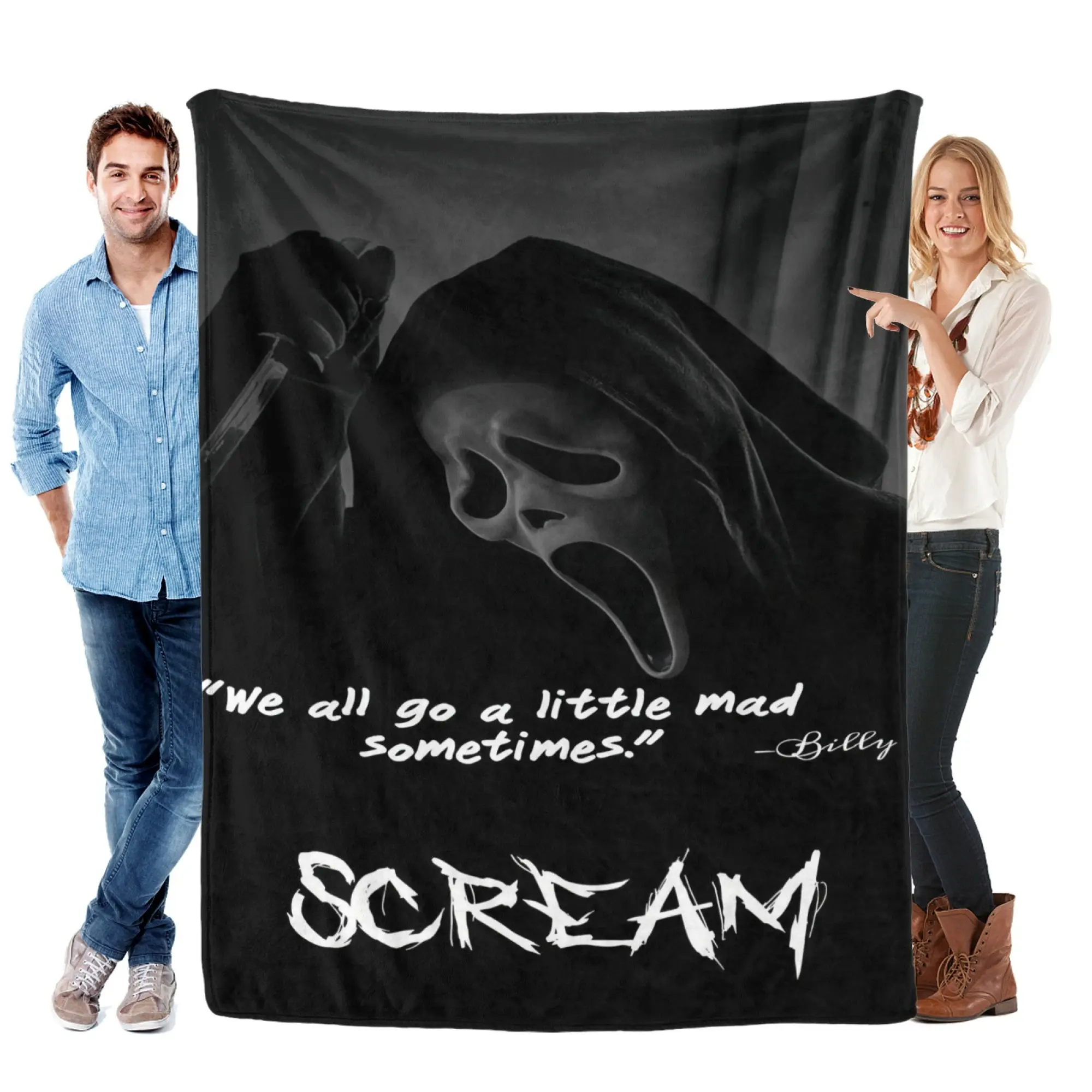 Horror Ghost Face Billy Quote Durable Flannel Throw Blanket - Classic Black-White Ghostface Knife Graphic Soft Cozy Women's Lightweight Sofa Bed Cover, Halloween Home Decor Gift For Fans