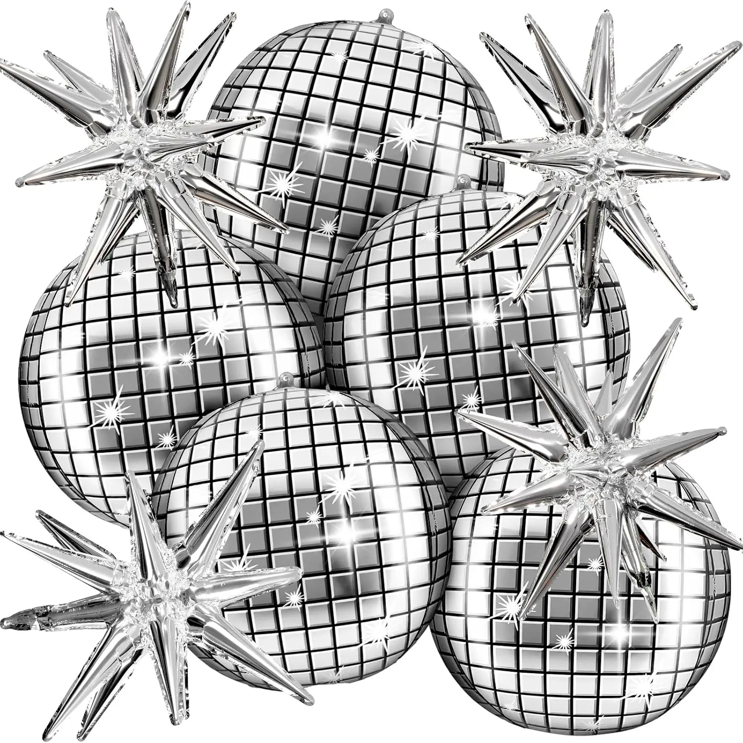 Silver 4D Disco Ball Balloons with Star Balloon - 9pcs, 22 in Large Festive Decor for 70s Disco Party, Birthday, Home & Outdoor Holiday Supplies
