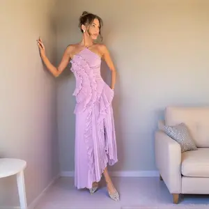 Women’s 2025 Pleated Halter Neck Maxi Dress – Elegant Strapless Lotus Edge Vacation Gown, High-Quality Long Summer Dress in Purple