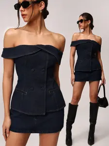 Spring Fashion One-Shoulder Denim Jumpsuit, Sweet Cool Atmosphere, Sleeveless Lace-Up Design, Short Plain Pattern, Women's Casual Wear