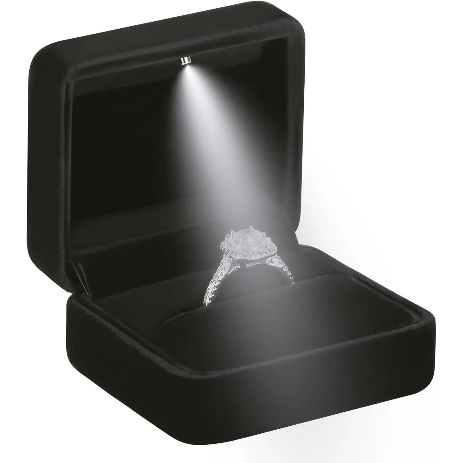 Classic Metal Glossy  Ring Box with LED Light,  Ring  Box for Proposal Engagement Wedding Anniversary Birthday Ceremony (Black)