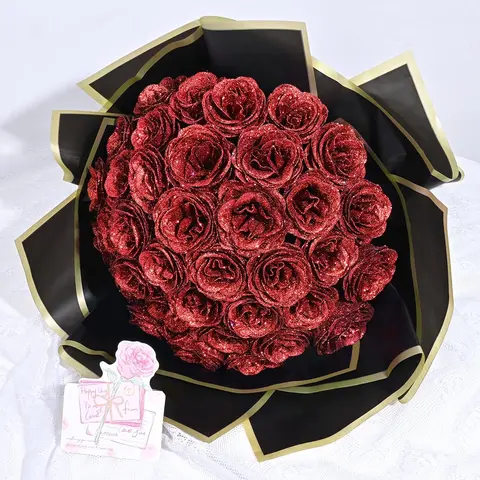 Glitter Rose Shine Artificial Plants Bouquet Set (24/36 Pcs) - Acrylic 3D Butterflies, Crowns, Alphabet Sticker IDs, Ribbons, DIY Flower Design Decoration Items, Ornaments for Home Decor, Graduation Gift Supplies