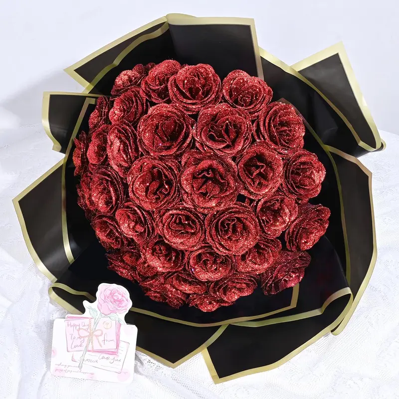 Glitter Rose Shine Artificial Plants Bouquet Set (24/36 Pcs) - Acrylic 3D Butterflies, Crowns, Alphabet Sticker IDs, Ribbons, DIY Flower Design Decoration Items, Ornaments for Home Decor, Graduation Gift Supplies
