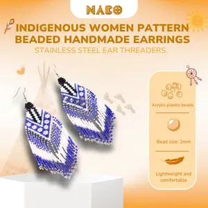 Indigenous Women Pattern Beaded Handmade Earrings For Women jewelry hook White Blue