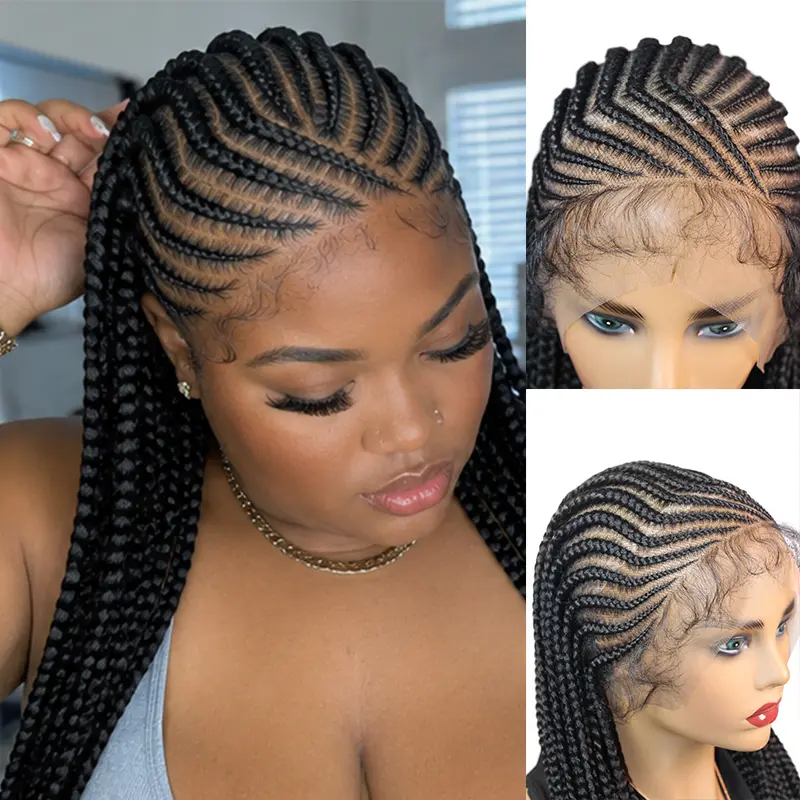 36 Inch Lace Front African Long Braided Wig Handmade Cornrow Knotless Box Braids Wig With Natural Baby Hair Realistic Synthetic Braiding Hair Fashion Protective Style Wig For Black Women #KnotlessBoxBraids #CornrowBraids #BraidedWig #LaceFrontWig