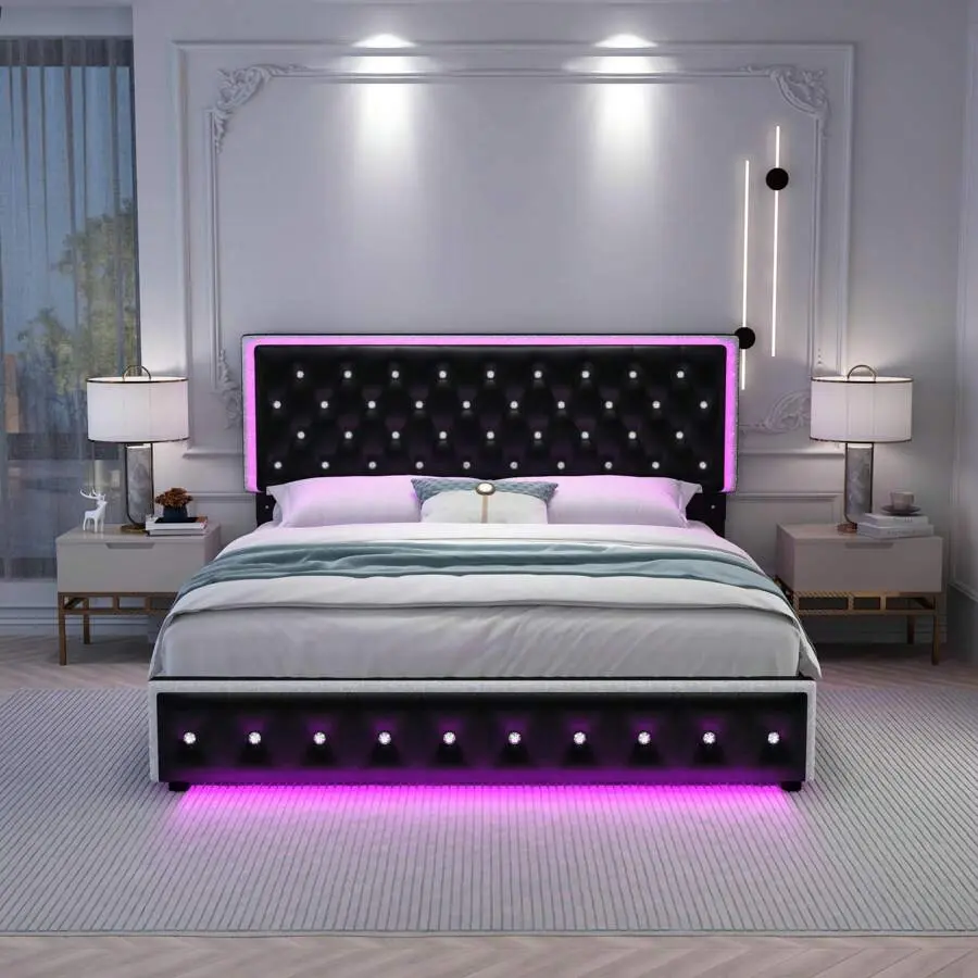 Classic Crystal Tufting Upholstered RGB LED Bed Frame (Queen/King/Full Sizes) - PU Leather Black, 2 Drawers, 2 Side Pockets, Solid Slats Support, Noise-Free, No Box Spring Needed, Easy Assembly, Clothes