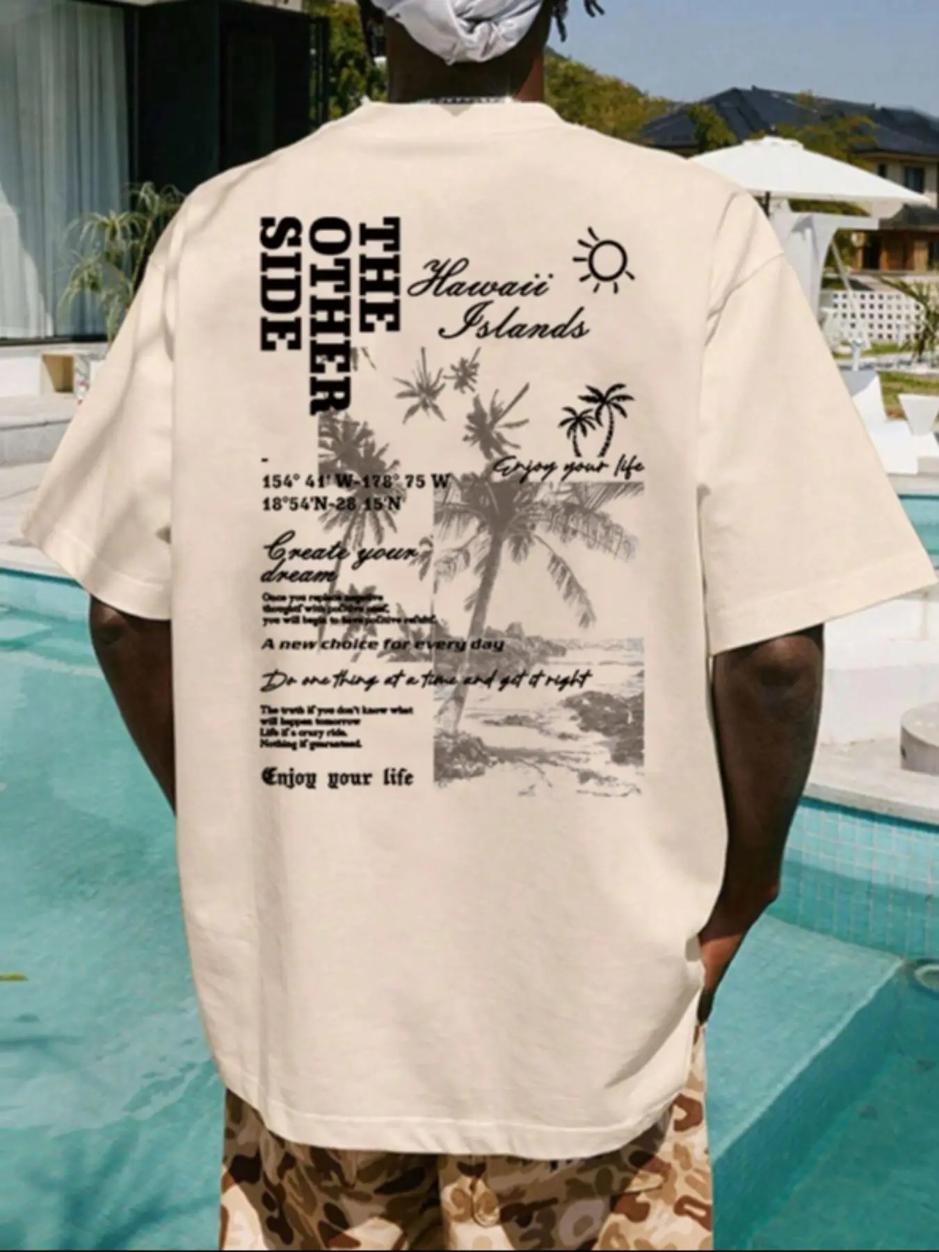 Men's Letter & Tropical Print Vintage Graphic Tees, Regular Fit Round Neck Short Sleeve Baggy T-shirt for Men, Streetwear, Graphic Tees for Men, Summe