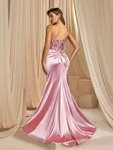 【Elegant Spaghetti Strap Mermaid Evening Gown】Satiny Fabric, Ruched Bodice with Sequin Embellishment, High Slit, Formal Occasion Wear, Pink Color, Special Event Collection