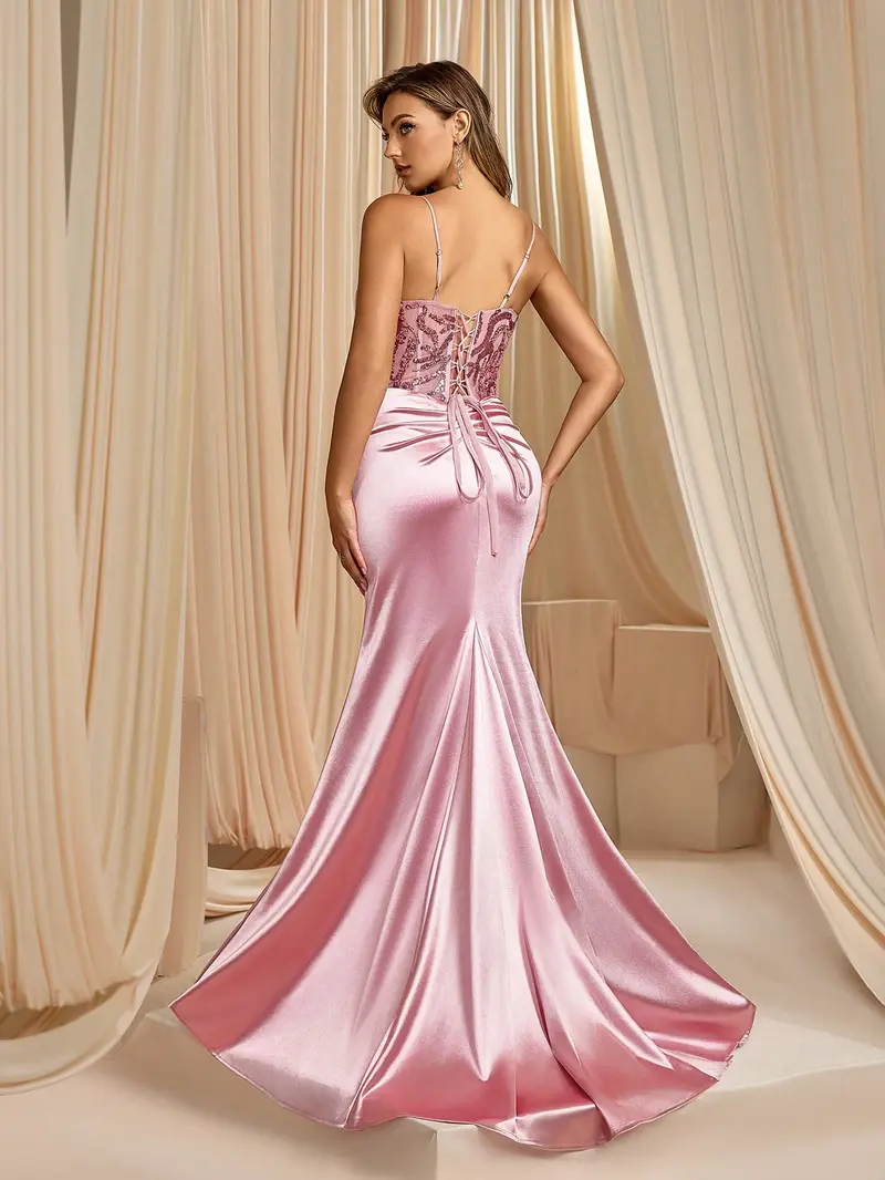 strapless open back dress Rhinestone Encrusted Satin Sweetheart Cut Out Mermaid Dress – Camille La Vie