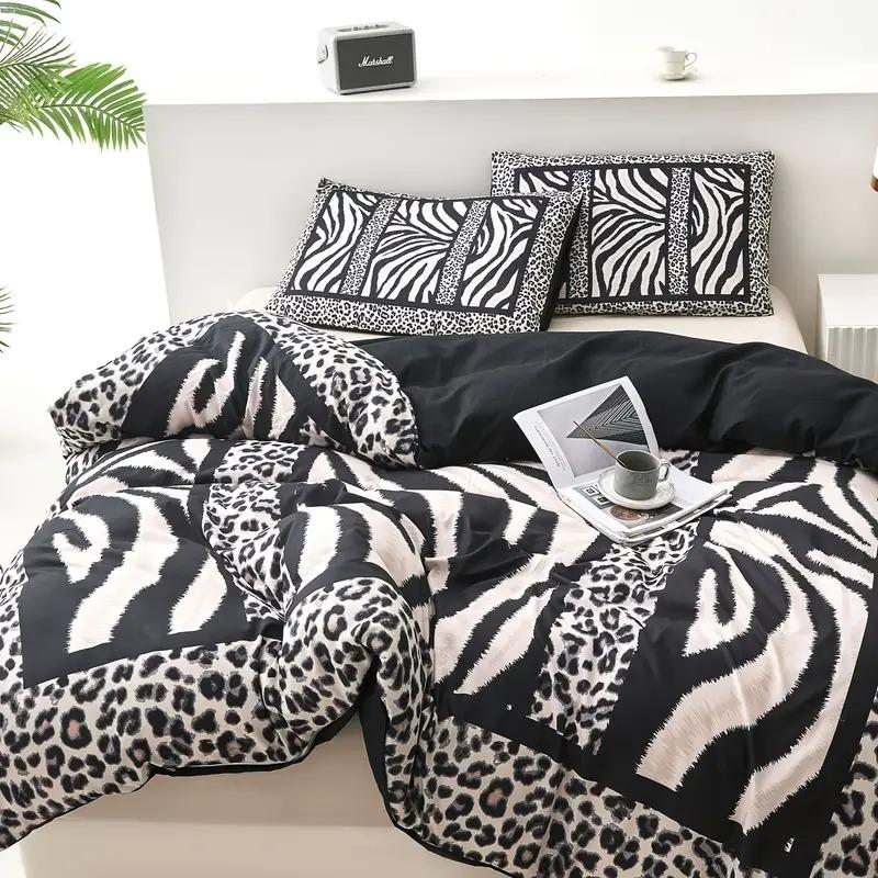 3pcs Zebra Stripe Print Duvet Set, Soft Polyester Fabric, Zipper Design, Modern Style Bedding Essentials, Bedroom Must-Have