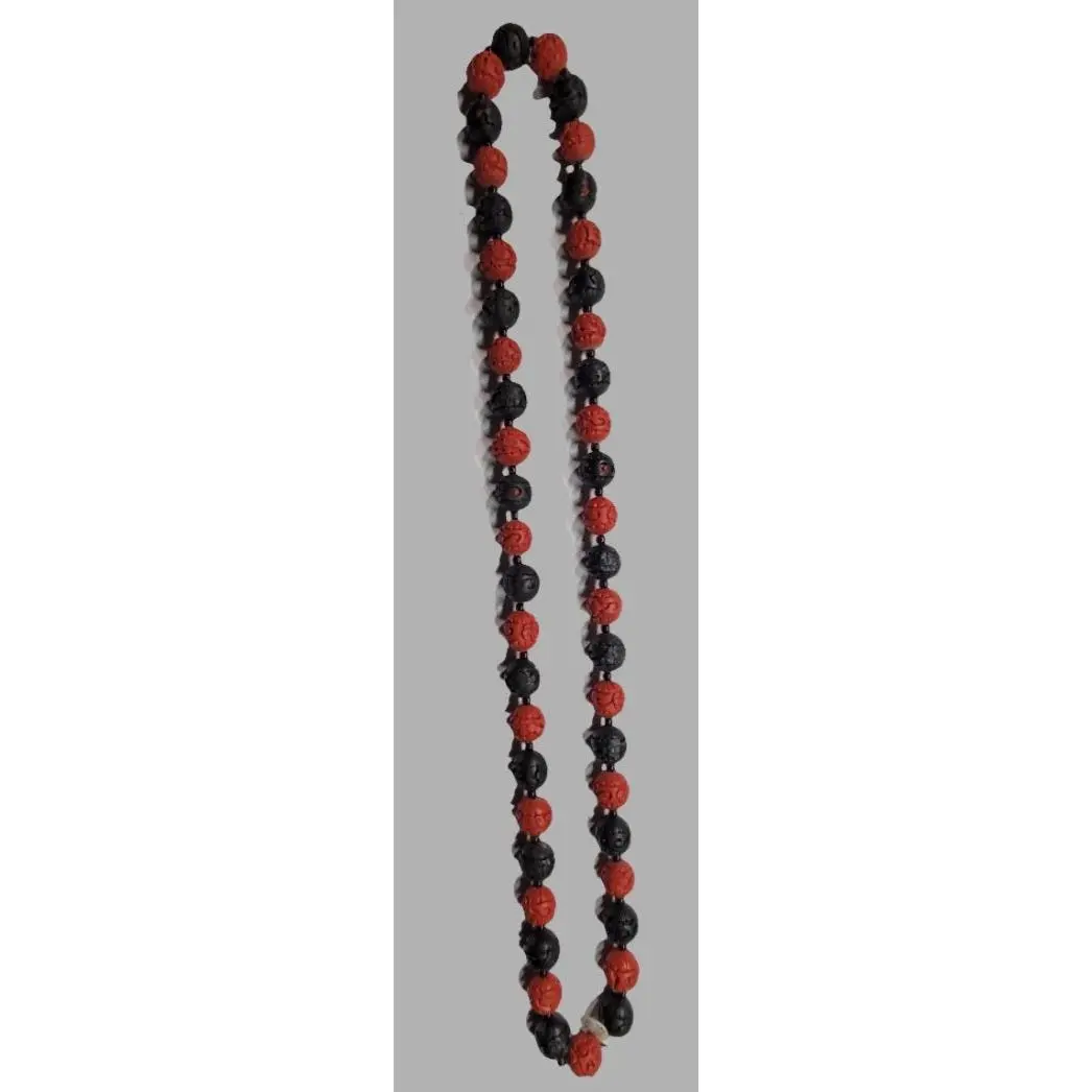 Hand-Carved Long Cinnabar Bead Necklace with Intricate Floral Patterns Vintage Chinese Artistry Red & Black Beads