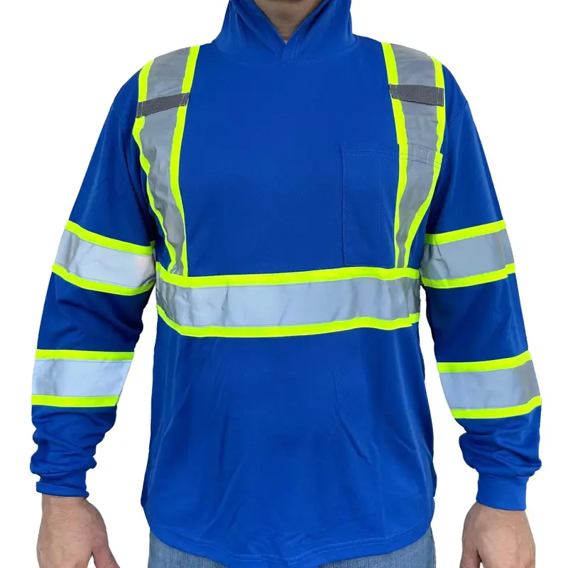Hoodie Blue High Visibility Safety Shirt with Reflective Stripes ANSI/ISEA 107-2015 Class 3 for Men's Workwear
