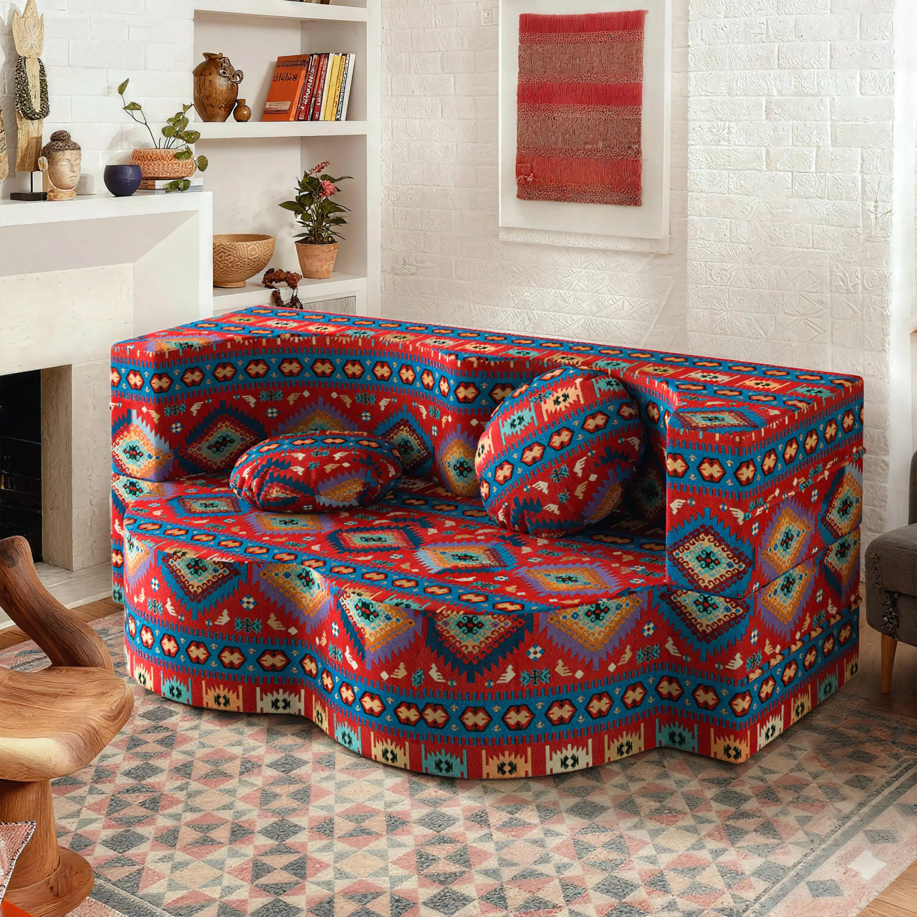 3-Seat Bohemian Foldable Sofa Bed - Metal Frame Indoor Sofa with Boho Print, Machine-Washable Covers, Compact Fit, Foam Cushioning, Earthy Tones, Modern Space-Saving Design for Living Room, Small Apartments