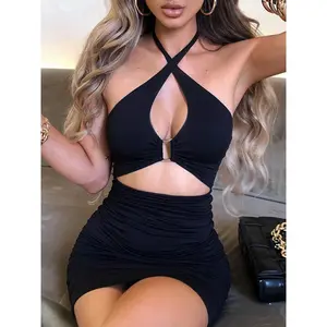 Sexy Waist Hollow Out Cross Shoulder Strap Slim Bodycon Dress Women Backless Sleeveless Skinny Mini Dress Club Party Vestidos