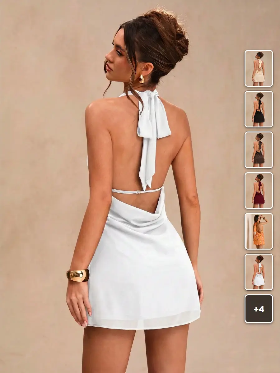 Halter Mini Dress Draped Cowl Neck Backless Chiffon Y2K Going Out