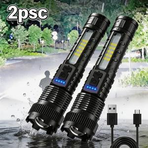 2-Piece Rechargeable Zoom Ultra Bright LED Flashlight - Tools and Gadgets, Camping Gear, Outdoor Gadgets, Battery Powered Torches, Emergency Flashlight Torches with 6 Modes, COB Side Lights, Strong Light, Red & Blue Flashing for Power Outages, Camping