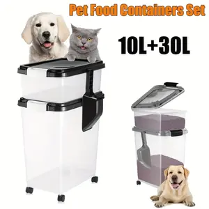 1 Set Airtight Pet Food Storage Container Set - 7.93 Gallon & 2.64 Gallon(10L & 30L), with Gray Spoon & Wheels, High-Quality Material - For Storing Pet Food, Snacks, Dry Rice, Keeps Fresh