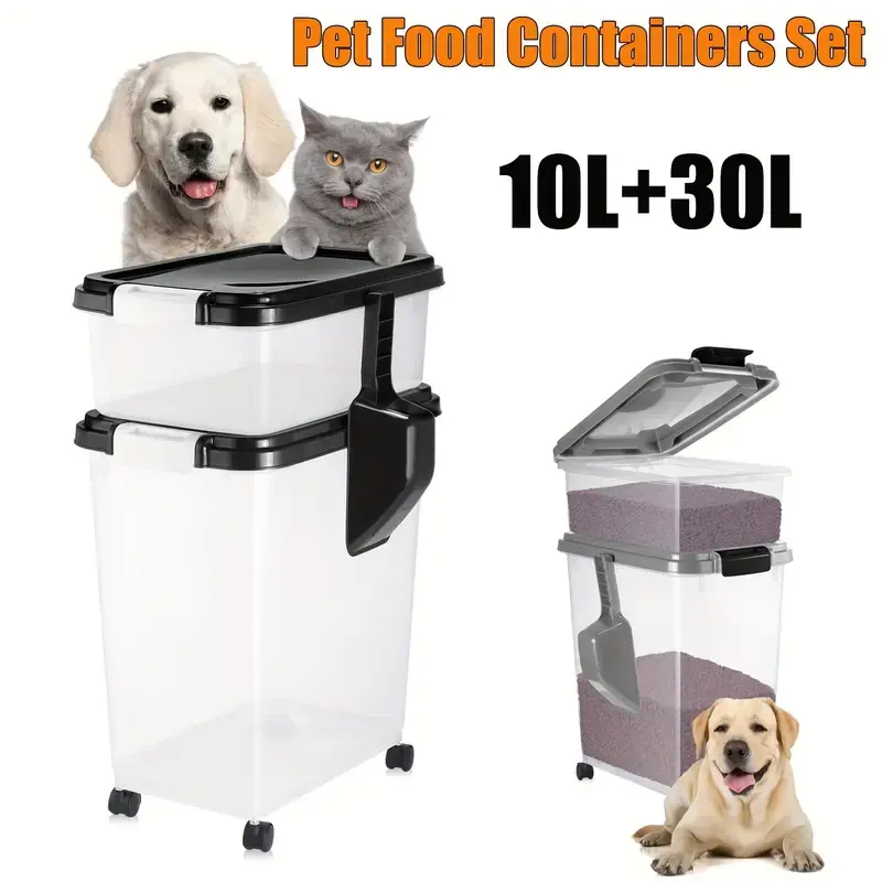 1 Set Airtight Pet Food Storage Container Set - 7.93 Gallon & 2.64 Gallon(10L & 30L), with Gray Spoon & Wheels, High-Quality Material - For Storing Pet Food, Snacks, Dry Rice, Keeps Fresh