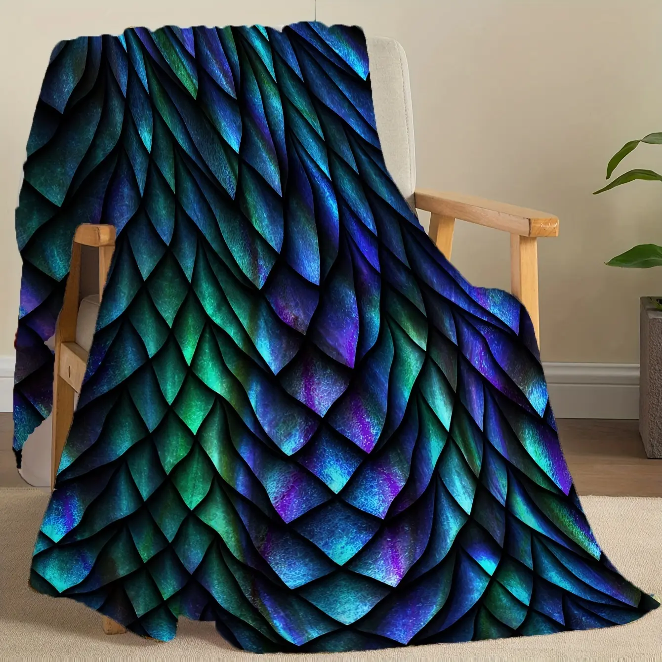 Tri-Color Dragon Scale Soft Flannel Throw Blanket, Colorful Fantasy Reptile Pattern for Gaming Bedrooms and Mythical Lounges, Cozy Sofa Accent for Couch Naps & Christmas Gift for Dragon Lovers and Fantasy Home Decor Fans