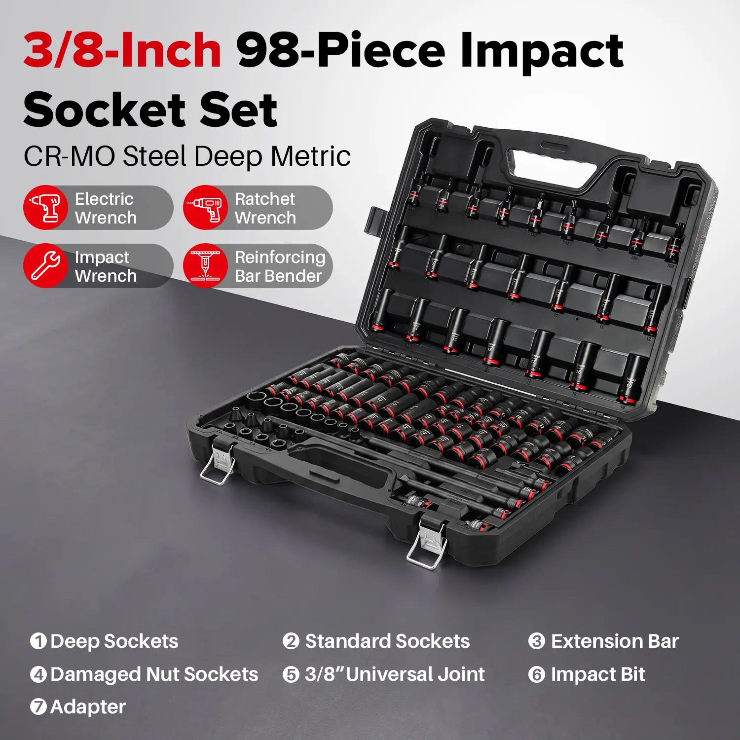 3/8" Drive 98-Piece & 1/2" Drive 69-Piece Impact Socket Set, CR-MO Steel Metric Deep & Standard Sockets, Damaged Nut Removal, Extension Bar, Universal Joint, Adapter & Impact Bits For Electric/Ratchet Wrench, Car Repair Mechanic Kit With Hard Storage Case