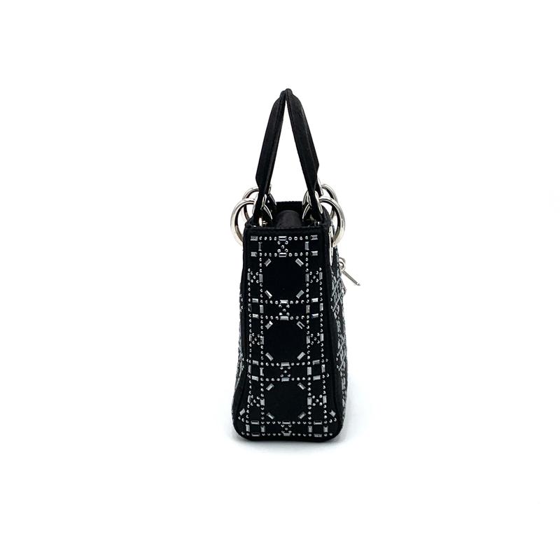 Pre-owned DIOR Satin Handbag Lady Bag Crystal Embellished Cannage Quilt Mini Black #1954