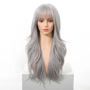 [CLEARANCE SALE] Caroline H-DWY Long-length Body Wave Sliver Grey Glueless Large Area Simulated Scalp Synthetic Wig for Women 26 Inches