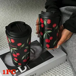 Cherry Pattern Stainless Steel Tumbler, Leakproof Insulated Tumbler, 1 Count 350ML-450ML Vacuum Flask, Thermos Cup, Thermal Cup, Portable Coffee Cup, Tea Cup, Drinking Cup for Home, Outdoor, Car, Drinkware