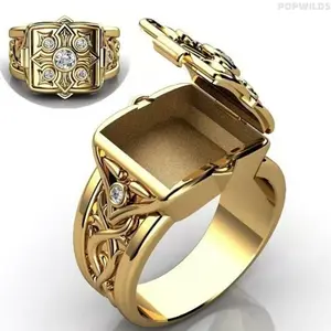 Vintage Golden Cross Motif Ring for Men with an Openable Lid Feature - A Unique Fashion Accessory for Everyday Wear