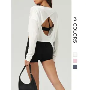 Women's Solid Backless Sports Tee Casual Long Sleeve Open Back Crop Top for Yoga Gym Workout Ladies Sportswear for All Seasons Breathable Activewear Athleisure Street Fit