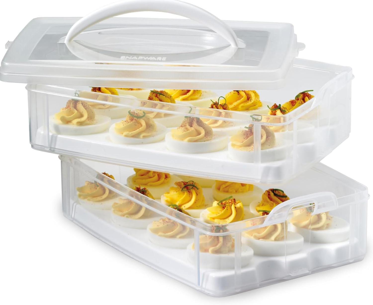 Snapware 2 Layer Egg Storage Container for 24 Eggs with Lid & Handle, Stackable Deviled Egg Carrier, BPA Free Plastic, Fridge Freezer Safe, Easy Carry Food Storage Box Snapware 2 Layer Egg Storage Container for 24 Eggs with Lid & Handle, Stackable Deviled Egg Carrier, BPA Free Plastic, Fridge Freezer Safe, Easy Carry Food Storage Box