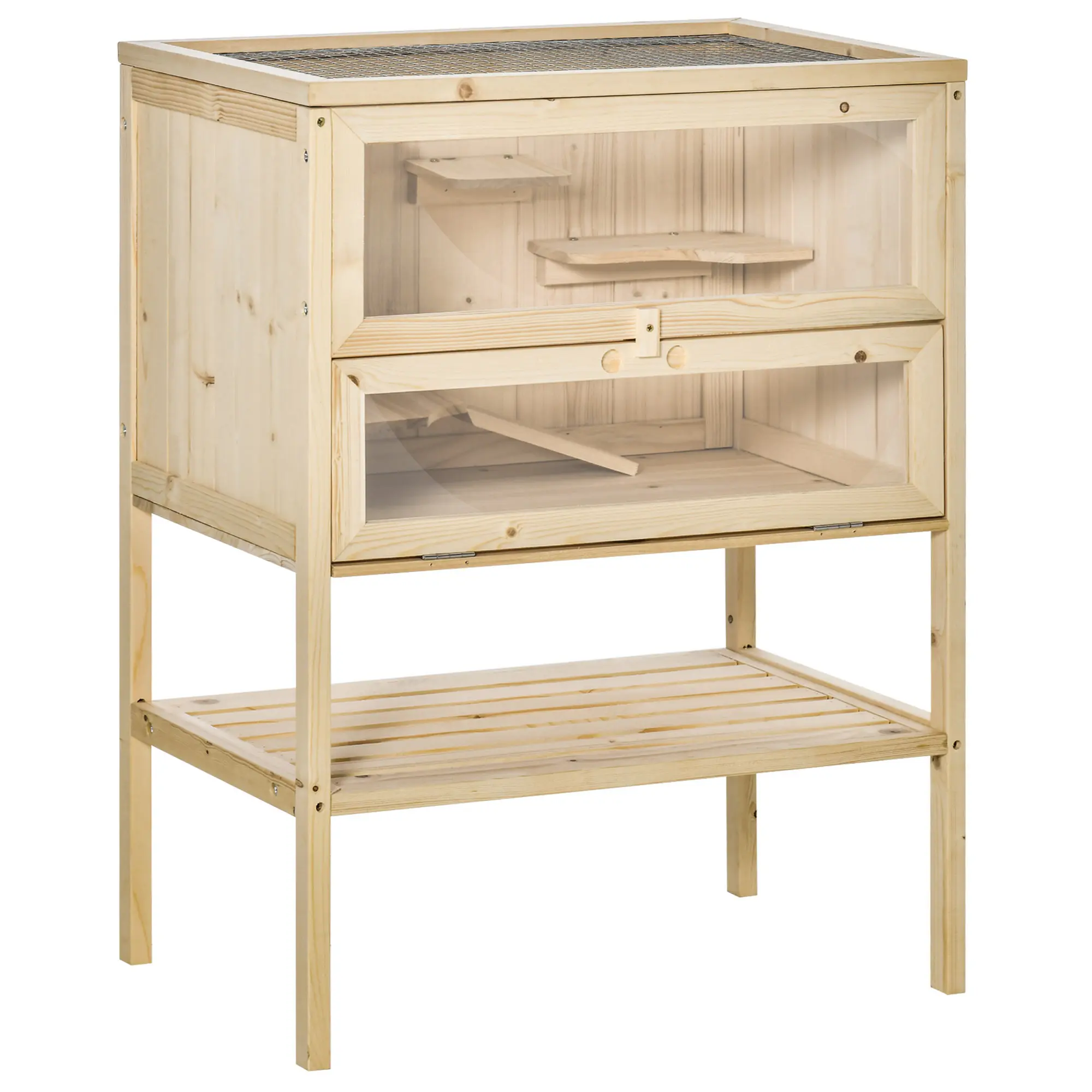 Natural 3-Tier Solid Wood Small Animal Hutch - Exercise-Focused Multi-Level Mesh Cage for Hamsters, Mice with Openable Top, Doors, Front Door, Shatter-Resistant Window, Storage Shelf, Relaxation & Exercise Space, Easy Cleaning