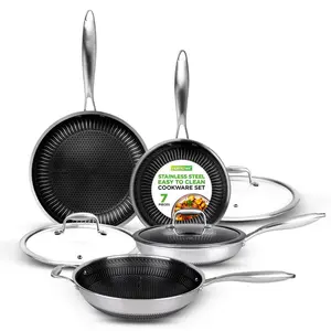 7-Piece Nonstick Frying Pan Set & Wok | Triply Stainless Steel Cookware Set with Lids - Heat Resistant Up to 500°F, Oven & Dishwasher Safe - Stylish Kitchen Cooking Essentials