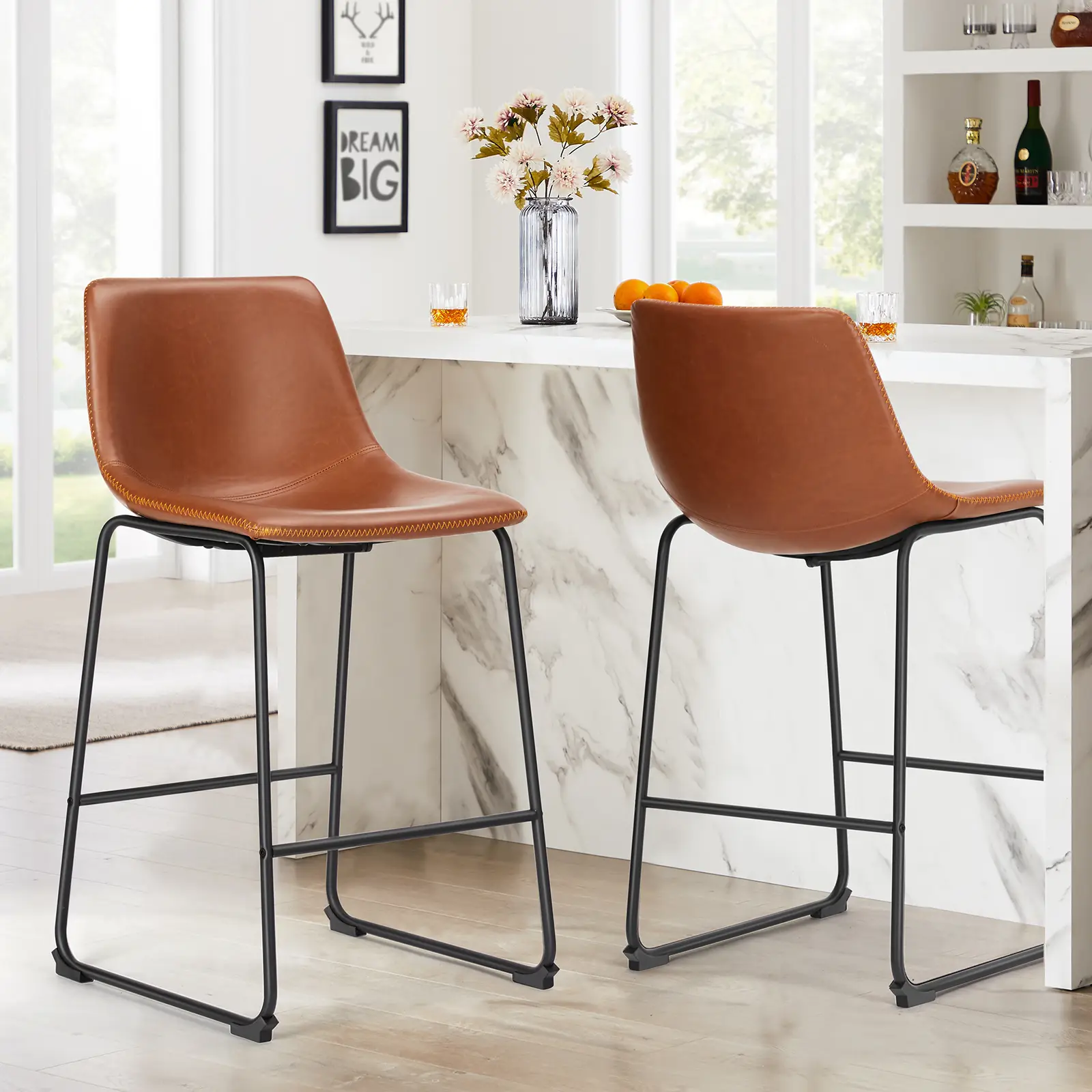 SweetFurniture Counter Height Bar Stools, 26 inch Dining Chairs with Metal Legs and Footrest, Modern Faux Leather Barstools for Kitchen Island