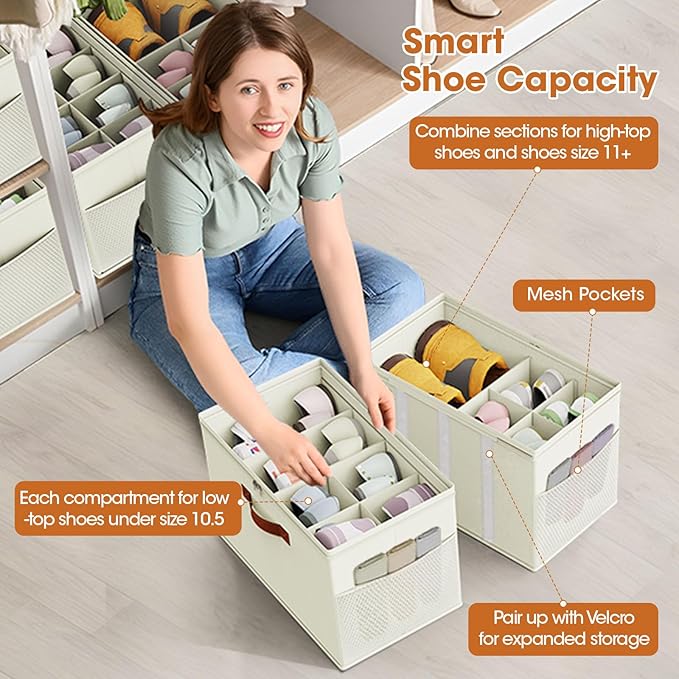 Shoe Storage Box Organizer with Adjustable Dividers, Transparent Cover, Handles on 3 Sides, Beige, 17x17x12.5 Inches