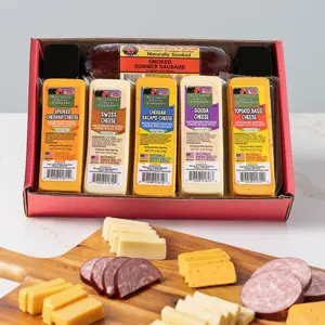 Cheese Specialty Cheese Summer Sausage Gift Box 100% Wisconsin Gouda, Smoked Cheddar, Salami, Tomato Basil Cheddar, Swiss (5 Blocks)|   Perfect for Parties, Charcuterie Boards and Birthdays|   Great Birthday Gift