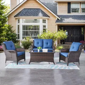 Belord Wicker Furniture 4 Pieces Outdoor Patio Furniture Set Patio Loveseat Sofa Set with Wicker Chairs and Coffee Table, Paito Conversation Set for Porch Garden Deck Balcony Poolside, NTC Series