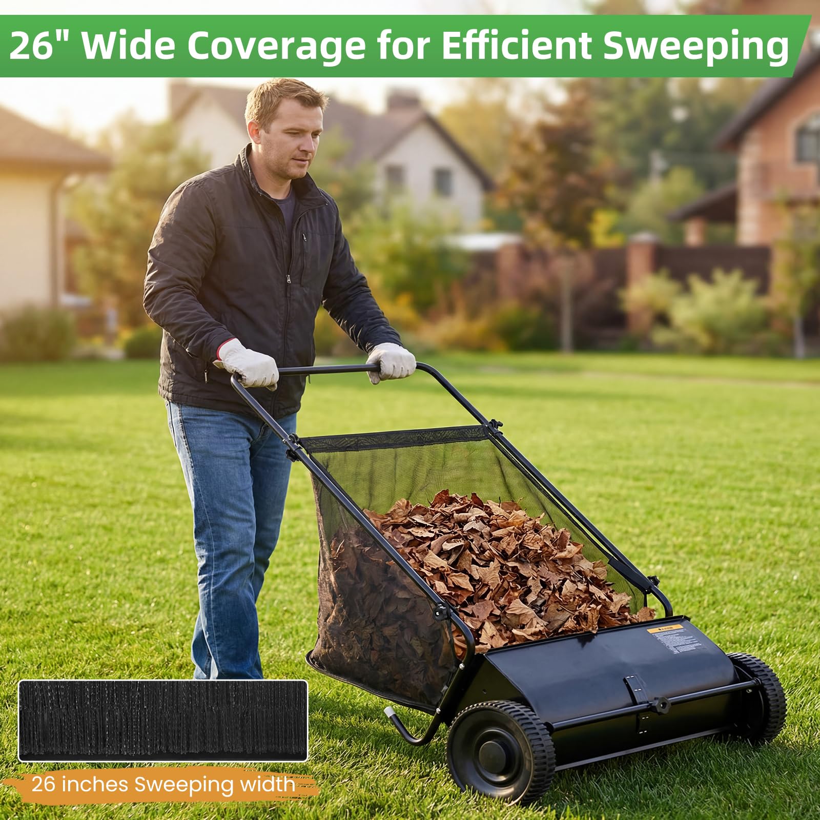 AECOJOY 26" Manual Lawn Sweeper, 7 Cu.Ft. Leaf & Grass Collector, Height Adjustable Spinning Brushes, Steel Frame with 10 Inch Rubber Wheels