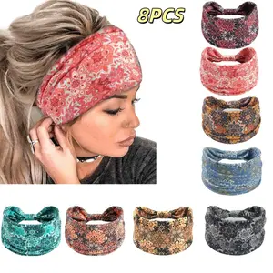 8pcs Bohemian Wide Brim Printed Headbands, High Elasticity Non-Slip Soft Headbands, Retro Turban Style Hair Additions, Comfortable And Breathable Without Causing Headaches, Suitable for Yoga, Sports, And Daily Commuting