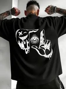 Men's Oversized Long Sleeve T Shirt - Streetwear Gothic Dark Aesthetic Graphic Tee with Tattoo Art Print (Evil Grin & Eye Design) | Edgy Hip Hop Y2K Fashion Apparel, Casual Loose Fit Comfortable Daily Wear | Unique Bold Artwork Printed Men's Clothing
