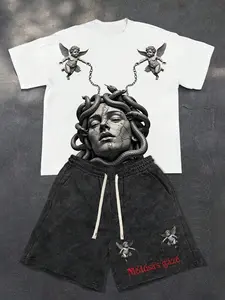 Men's Casual Fitted Medusa & Angel Print Tee Shorts Set, Washed Cotton Vintage Short Pants, Gothic Street Style, Unique Art Design, Streetwear