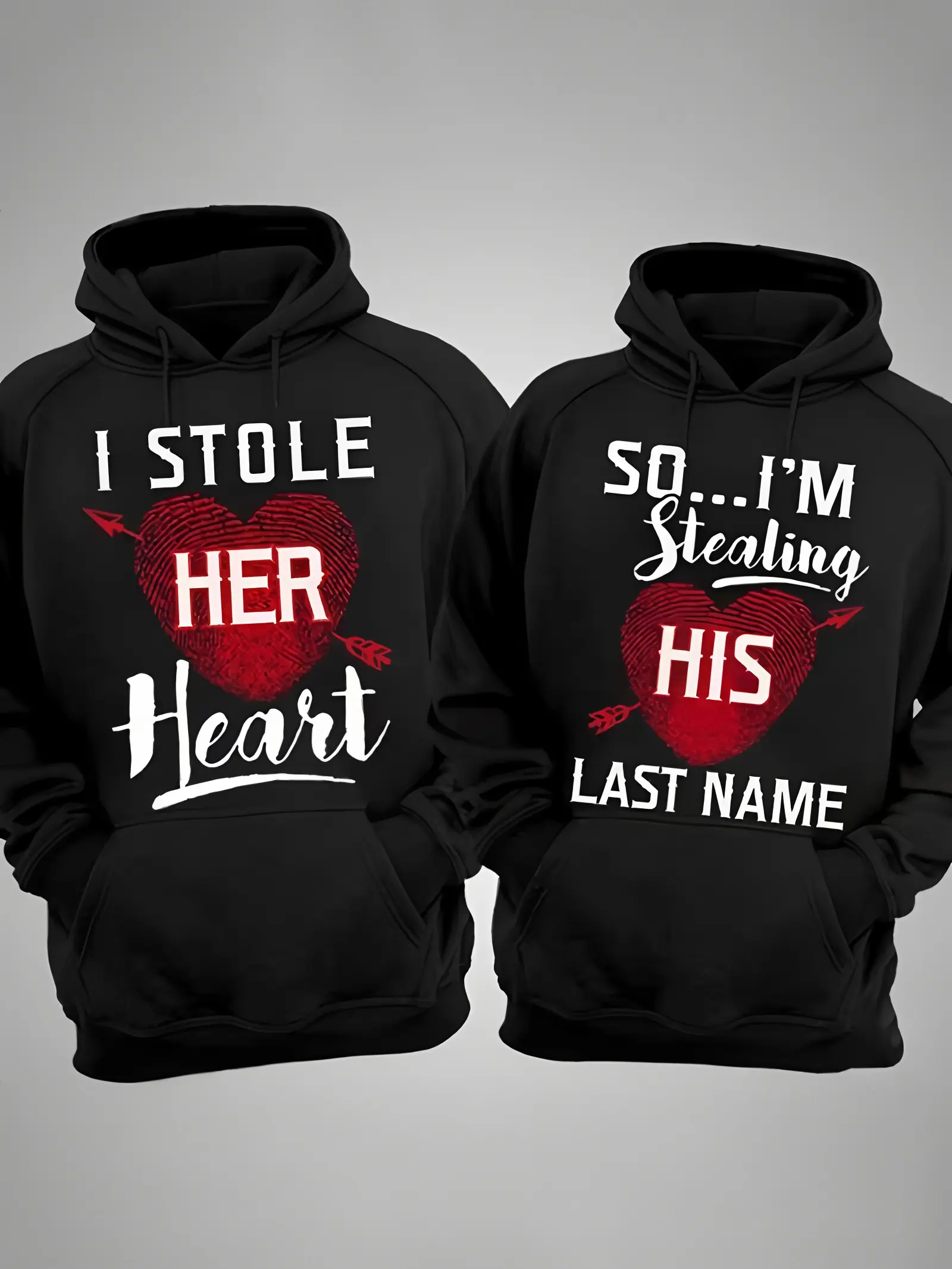 1PC Valentine's Day limited edition couple outfit 'I Stole Her Heart' printed couple hoodie, with kangaroo pocket, fleece-lined casual long-sleeve hooded sweatshirt, suitable for outdoor use Classic Cotton
