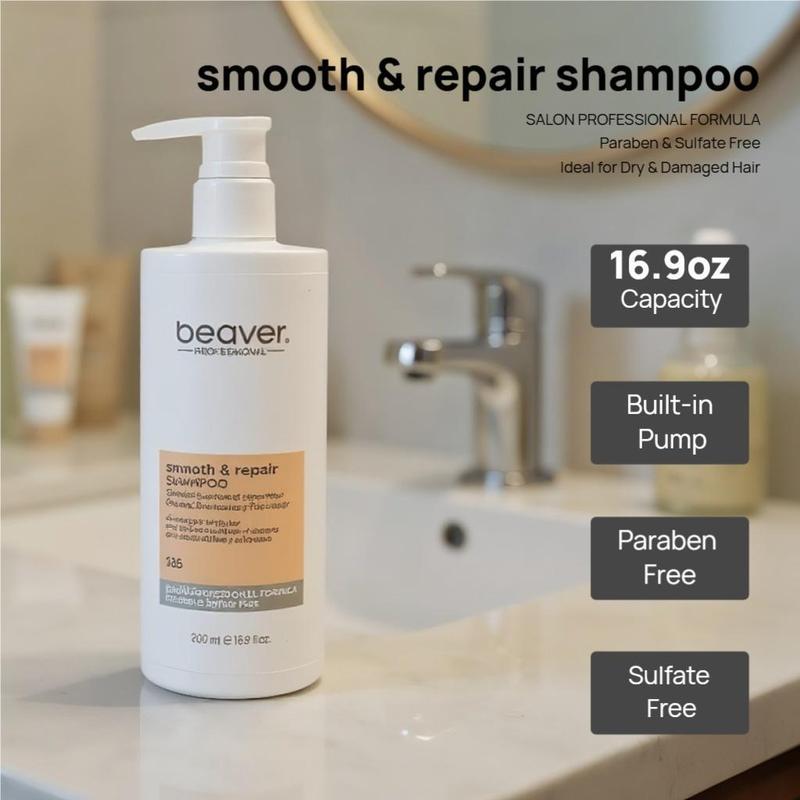 Beaver Smooth Repair Shampoo | Gentle, repairs, nourishes, increases elasticity and shine | Sulfate-free moisturizing formula | For dry, curly and damaged hair | 500ml gentle and comfortable cleanser Conditioner Haircare Soothing