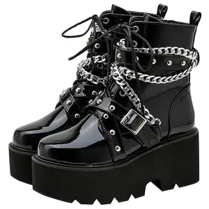 Women's Black Platform Ankle Boots Chunky High Heel with Patent Leather and Lace Up Details Punk Goth Combat Boots for Edgy Street Style high heels Girl Shoe boots  fall  2025