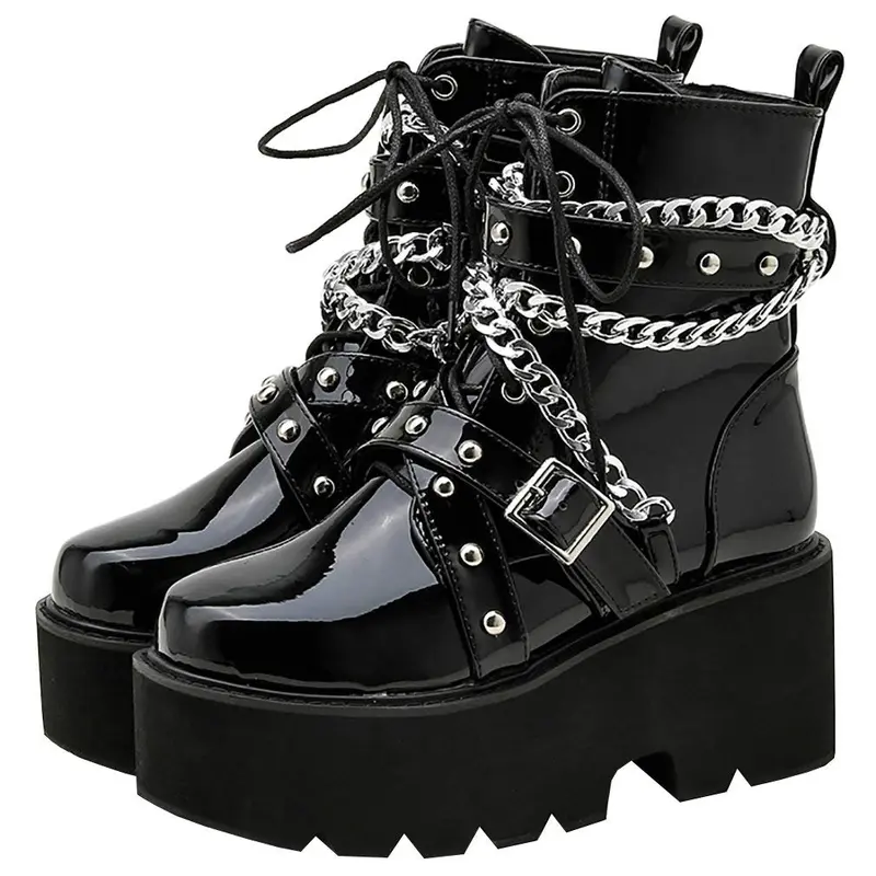 Women's Black Platform Ankle Boots Chunky High Heel with Patent Leather and Lace Up Details Punk Goth Combat Boots for Edgy Street Style high heels Girl Shoe boots  fall  2025
