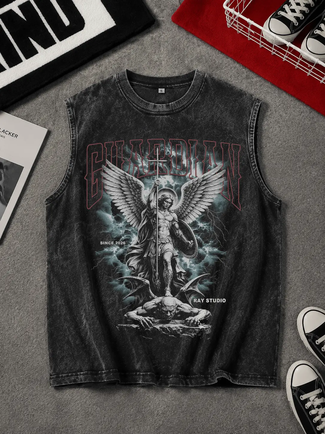 Menswear ，Christian Streetwear Style，Men's Vintage Gothic Oversized SleevelessGraphic Vest - Washed Black, Y2K Streetwear, SummerCasual Top singlets