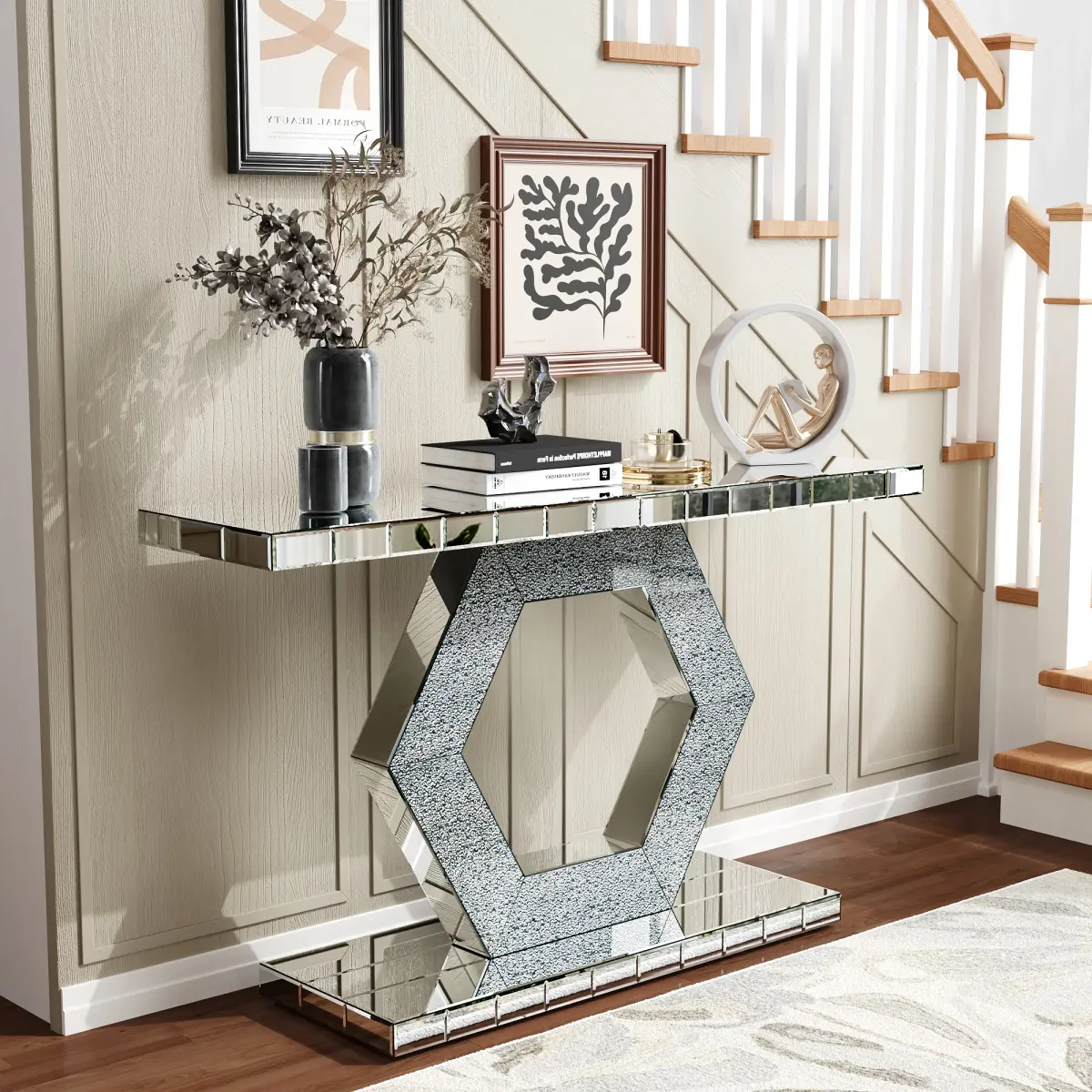 Sparkling Crystal Hexagon Mirror Entryway Console Table - Premium Modern Foyer with Diamond Glass Effects Dual-Tier Luxury Sofa Table 55L x 14.17W x 31.5H summervibes, Entryway Table, Console Table Entryway
