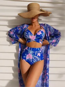 3 Piece Swimwear Set for Women, Drawstring Triangle Bikini Top with High Waist Shorts & Long Sleeve Sheer Cover Up Kimono, Various Pattern Options