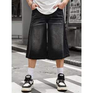 Men's Loose Fit Wide Leg Denim Jeans - Casual Street Style with Pockets, Non-Stretch Fabric, Black Distressed Look, Comfortable for Casual Attire, Relaxed Fit Jeans |   Loose Fit Pants |   Cat Eye Wash