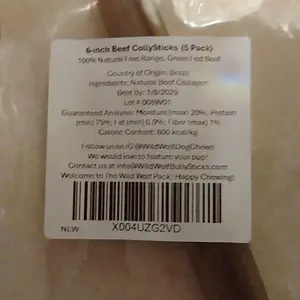 LIVE GIVEAWAY ONLY 6" Beef CollySticks (5 Pack) 100% Natural Dog Chew Treats - Single-ingredient - Loaded with Nutrients - No Additives or Unhealthy Chemicals - Approximately 18 Sticks but Varies by Weight